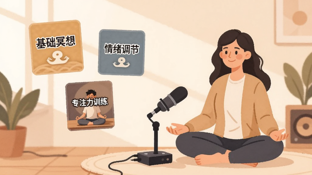 一位冥想导师坐在安静的室内,面前摆放着麦克风与音频设备,旁边悬浮着多个课程封面卡片,卡片上写着