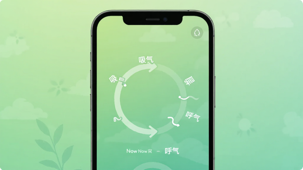 手机屏幕显示Now冥想呼吸练习界面,一个圆形动画引导呼吸节奏,旁边有