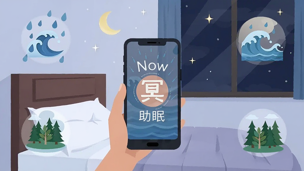 夜晚卧室场景,手机屏幕亮着显示Now冥想助眠界面,周围环绕着雨滴、海浪、森林等自然元素图标,月亮和星星点缀夜空,整体氛围宁静安详,扁平化插画风格,画质干净,无多余元素