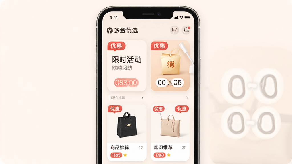 一张展示“多金优选”活动专区的手机界面图,画面主体为手机屏幕,屏幕内显示优惠券、限时活动卡片和商品推荐位,布局整齐,风格为柔和圆角设计,细节包括红色优惠标签和倒计时元素,画质高清,干净无多余元素
