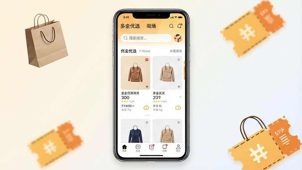 一张展示手机购物应用主界面的场景图,画面中央是一部竖屏手机,屏幕内显示“多金优选”商城首页,包含顶部搜索栏、中部商品卡片和底部导航栏,背景为浅色渐变,周围散落几个购物袋和优惠券图标,风格简洁现代,细节清晰,画质干净,无多余元素