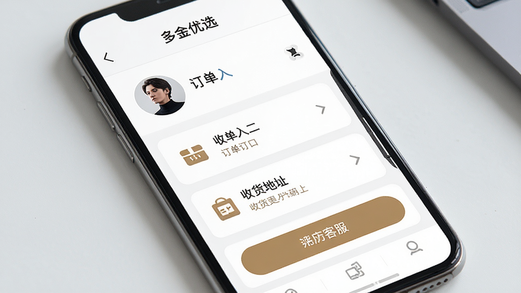 一张以“多金优选”个人中心页面为主题的AI生图,画面主体为手机竖屏界面,包含头像、订单入口、收货地址、客服按钮等模块,布局为上下结构,风格为简约商务,细节包括图标和文字标签,画质清晰,干净整洁,无多余元素