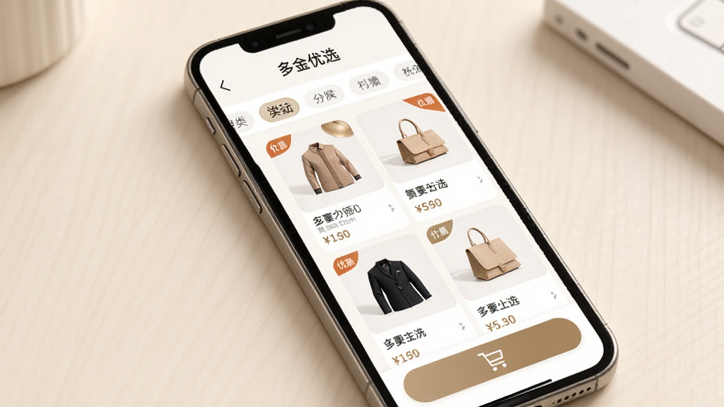 一张以“多金优选”为主题的AI生图,画面主体是一部手机展示商品列表页面,布局为上方分类标签、中间商品网格、下方购物车按钮,风格为清新浅色系,细节包括商品缩略图、价格标签和优惠角标,画质清晰,干净整洁,无多余元素