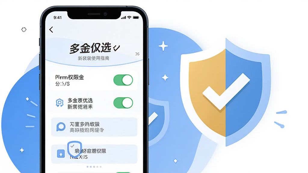 一张以“多金优选”新手使用指南为主题的AI生图,画面主体是一部手机显示安装权限设置页面,旁边有盾牌和勾选图标,布局为左右结构,风格为扁平化插画,细节包括权限开关和提示文字,画质清晰,干净整洁,无多余元素