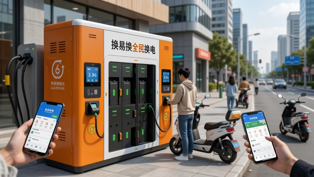 画面主体是一个现代化城市街景,画面中央放置一台橙色与白色相间的智能换电柜,柜体上印有“换易换全民换电”字样,换电柜周围有几位骑电动车的用户正在扫码操作。布局采用横向构图,左侧为换电柜特写,右侧为城市道路延伸至远方。排版整齐,风格为写实科技风,细节包括换电柜的显示屏、电池仓指示灯、用户手机屏幕上的APP界面。画质高清,干净明亮,无多余元素。