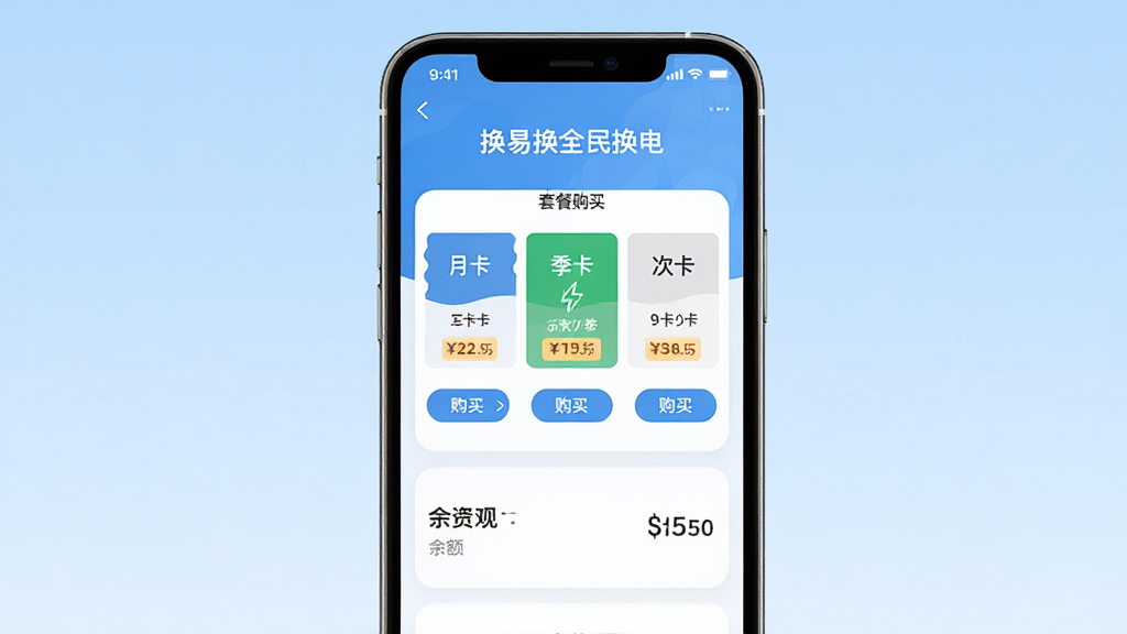 画面主体是一部智能手机屏幕特写,屏幕上显示“换易换全民换电”APP的套餐购买页面,页面中有月卡、季卡、次卡等选项,背景为浅蓝色渐变。布局为居中构图,手机位于画面正中央。排版干净,风格为扁平化UI设计风,细节包括套餐价格标签、购买按钮、余额显示区域。画质高清,干净利落,无多余元素。