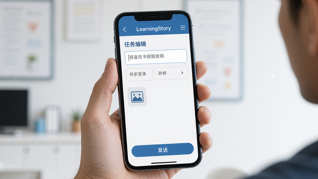 LearningStory 教师端学习任务发布界面示意图,画面主体为手持手机展示任务编辑页面,布局为手机屏幕占据画面中心,风格现代教育科技感,细节包含文字输入框、图片附件图标和发送按钮,画质清晰锐利,背景简洁