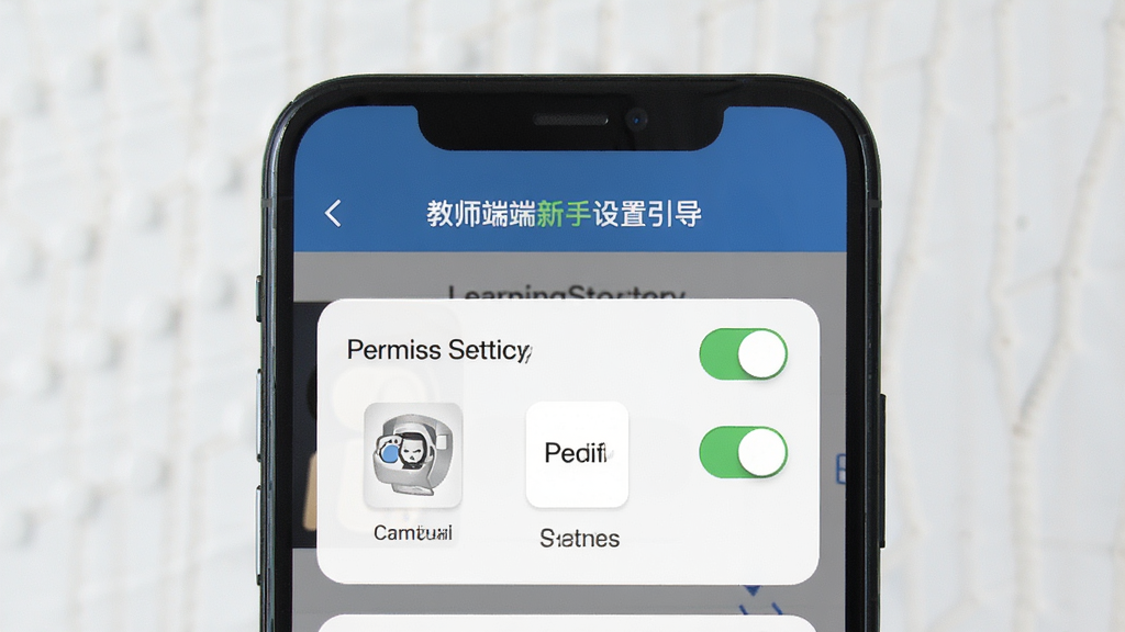 LearningStory 教师端新手设置引导界面图,画面主体为手机屏幕显示权限设置页面,布局为手机正面特写,风格简洁实用,细节包含开关按钮和权限图标,画质清晰,背景干净无杂物