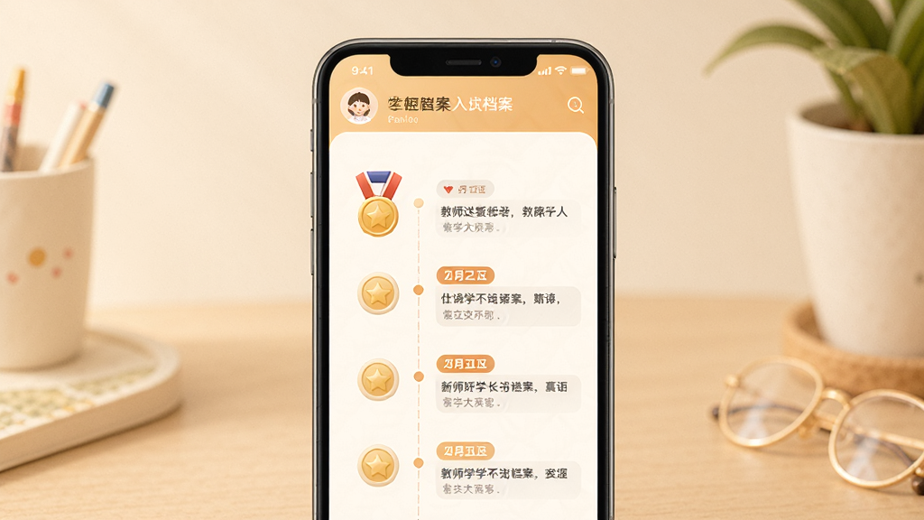 LearningStory 教师端学生成长档案页面展示图,画面主体为手机屏幕显示学生个人档案时间轴,布局为手机竖直放置,风格温暖柔和,细节包含奖章图标、评语文字和日期标签,画质细腻,背景干净