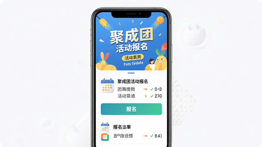 聚成团活动报名页面截图,主体为手机屏幕展示活动详情和报名按钮,布局上方为活动海报下方为报名列表,排版清晰,风格活泼明快,细节包含日历图标和人数统计,画质高清干净无多余元素