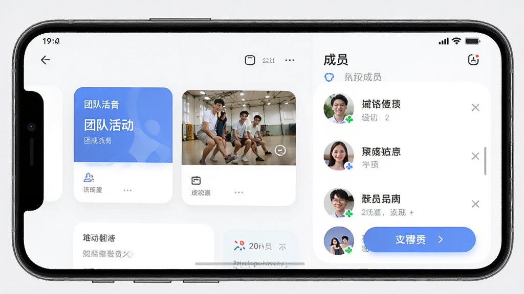 聚成团应用主界面截图,主体为手机屏幕展示应用首页,布局中央为团队活动卡片和成员列表,排版清晰有序,风格现代简约,细节包含图标、按钮和状态栏,画质高清干净无多余元素