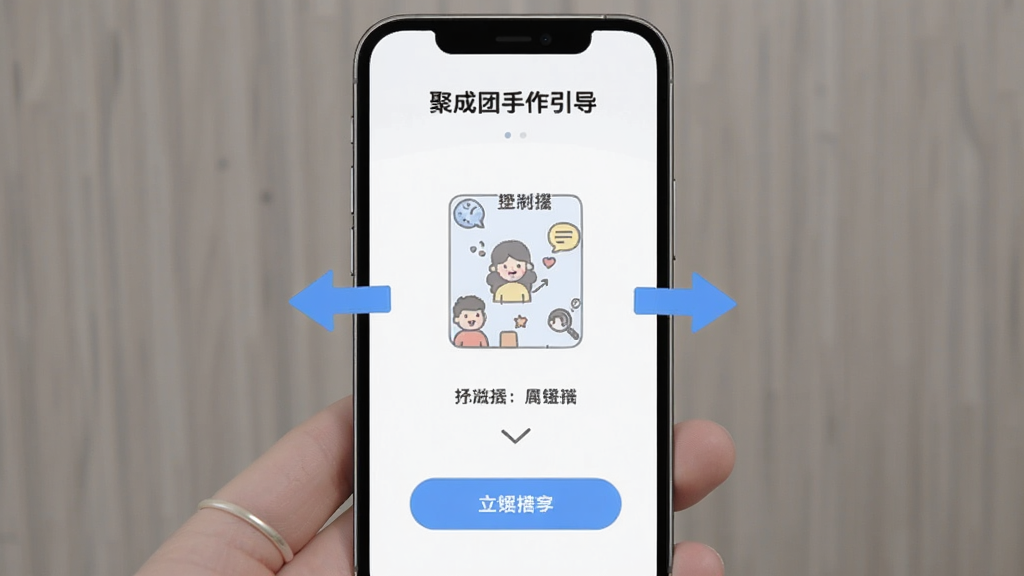聚成团新手引导页面截图,主体为手机屏幕显示操作提示和箭头指引,布局中央为步骤图示,排版直观,风格友好,细节包含高亮按钮和文字说明,画质高清干净无多余元素