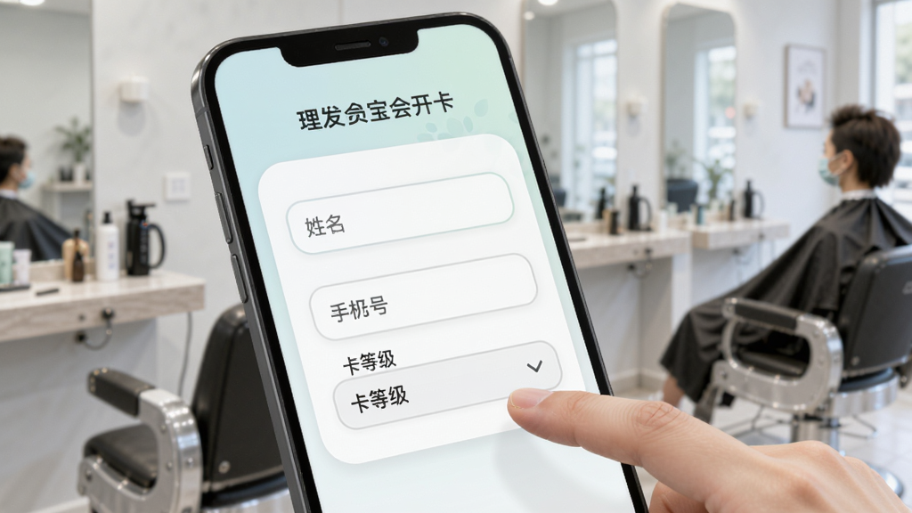 理发会员宝会员开卡界面,手机屏幕显示填写会员信息的表单,包含姓名输入框、手机号输入框、卡等级下拉菜单,界面采用圆角卡片设计,配色柔和清新,背景为浅灰色理发店环境,画面中有一只手正在点击屏幕,整体风格真实自然,画质清晰,文字为中文,干净无杂乱元素
