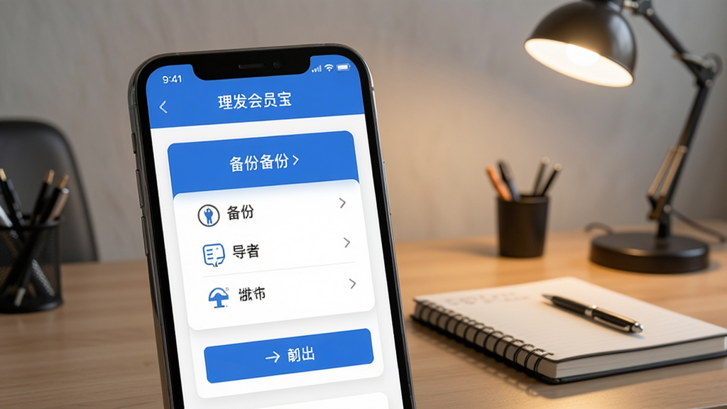 理发会员宝数据备份与导出功能界面,手机屏幕显示备份选项和导出按钮,界面采用简洁的卡片式布局,配色以蓝色和白色为主,背景为理发店办公桌,桌上有笔记本和台灯,整体氛围安静专业,画质清晰,文字为中文,无多余装饰元素