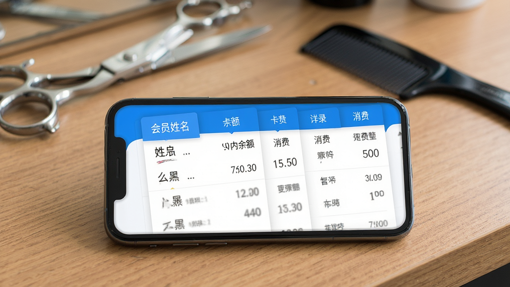 理发会员宝软件主界面展示,一部智能手机屏幕中央显示会员管理列表,包含会员姓名、卡内余额、消费记录等条目,界面采用干净的蓝白配色,手机放置在木质理发台面上,背景虚化显示理发剪刀和梳子,整体风格简洁商务,画面清晰明亮,文字内容为中文,画质高清,干净无多余元素
