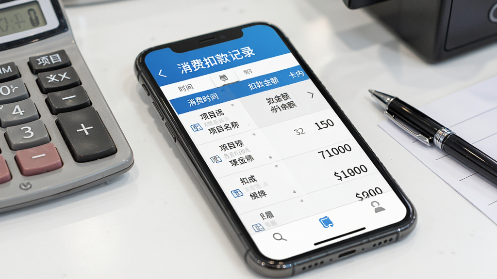 理发会员宝消费扣款记录页面,手机屏幕展示会员消费明细列表,包含消费时间、项目名称、扣款金额、卡内余额等字段,界面采用蓝白配色,数据排列整齐清晰,背景为理发店收银台桌面,有计算器和笔作为点缀,整体风格商务实用,画质高清,文字为中文,画面干净整洁