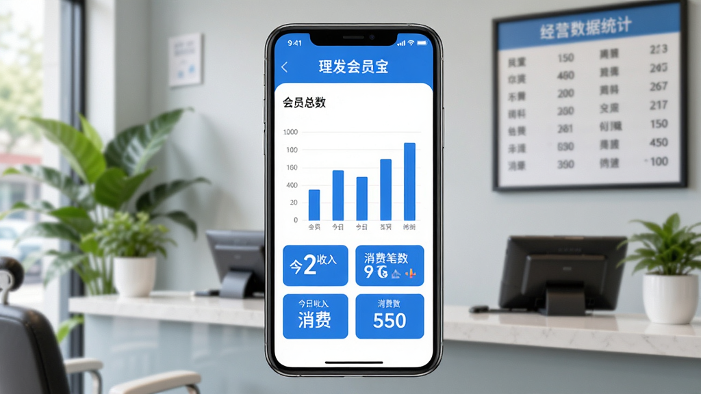 理发会员宝经营数据统计页面,手机屏幕展示柱状图和数字卡片,显示会员总数、今日收入、消费笔数等核心指标,界面采用清爽的蓝色调,图表设计简洁易懂,背景为理发店前台,有绿植和价目表作为背景元素,整体风格现代商务,画质高清,文字为中文,画面干净有序