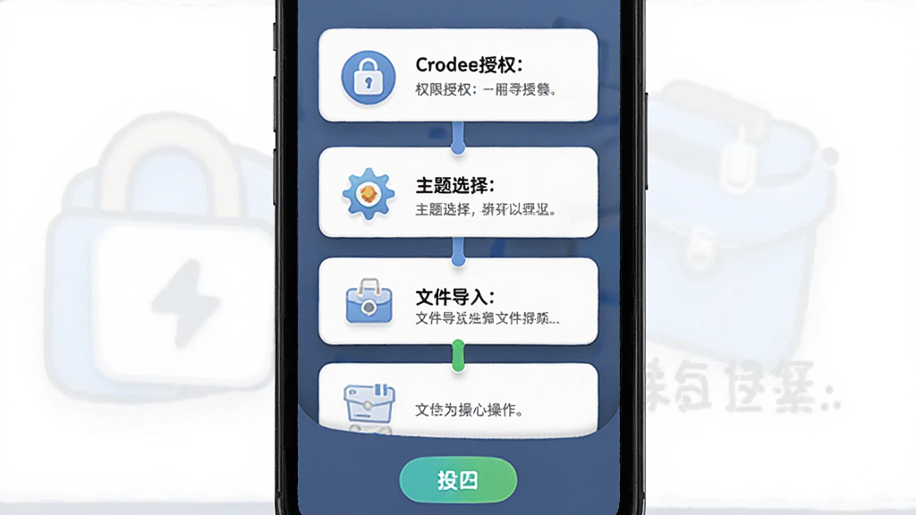 CodeTome新手操作引导界面,主体为手机屏幕,屏幕中显示分步操作提示卡片,包括权限授权、主题选择、文件导入等步骤,布局为纵向步骤条,风格为友好引导风,细节包括图标、进度指示、跳过按钮,画质清晰干净,无多余元素