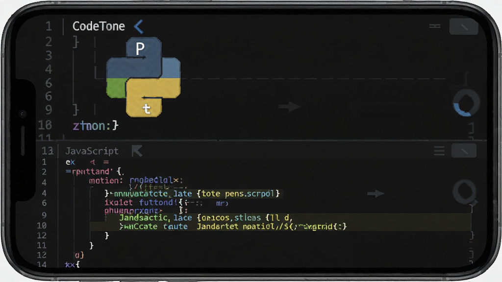 CodeTome多语言语法高亮功能展示,主体为手机屏幕特写,屏幕中同时显示Python和JavaScript代码片段,不同语法元素以不同颜色区分,背景为深色主题,布局为上下分屏对比,风格为简洁技术风,细节包括行号、缩进参考线、折叠标记,画质清晰干净,无多余元素