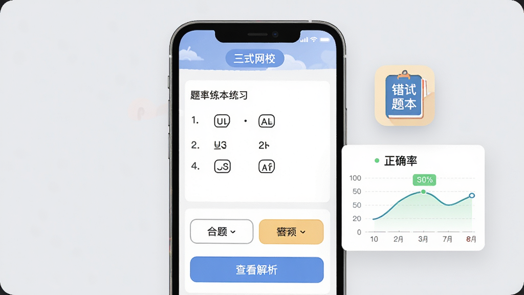 画面展示“三式网校”题库练习界面,手机屏幕中央是一道选择题,下方有选项按钮和“查看解析”按钮,屏幕右侧漂浮着错题本图标和统计图表,图表上有正确率曲线,背景为浅灰色,整体采用简洁的扁平化设计风格,构图以手机为主体,排版清晰,细节上体现做题与错题回顾功能,画质干净锐利,无多余元素