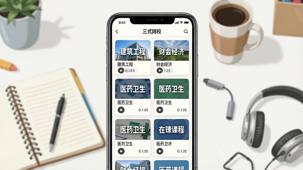 一张展示“三式网校”课程列表页面的截图风格插画,画面主体是手机屏幕,屏幕内排列多张课程封面卡片,卡片上有“建筑工程”“财会经济”“医药卫生”等文字标签,卡片下方有播放按钮和时长标记,背景是书桌场景,桌面上摆放笔记本、咖啡杯和耳机,整体采用清新写实的UI展示风格,构图以手机为中心向四周延伸,排版层次分明,细节上体现课程丰富多样,画质高清干净,无多余元素