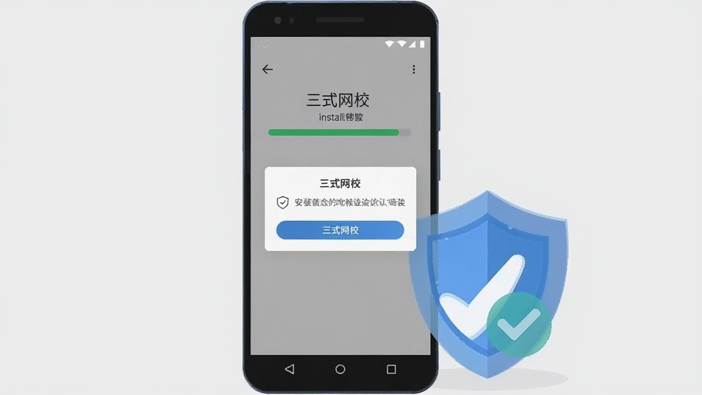 画面展示一部安卓手机正在安装“三式网校”应用,手机屏幕显示安装进度条与权限确认弹窗,手机旁边放置一个盾牌图标和勾选标记,背景为浅灰色,整体采用扁平化科技插画风格,构图以手机为中心,排版简洁,细节上体现安装与安全提示,画质清晰干净,无多余元素