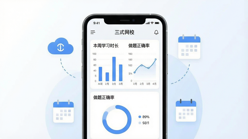一幅展示“三式网校”学习数据统计页面的插画,手机屏幕内显示柱状图、折线图和环形进度图,图表上方有“本周学习时长”“做题正确率”等文字标签,手机周围漂浮云同步图标和日历图标,背景为白色与淡蓝色渐变,整体采用现代简约的数据可视化风格,构图居中,排版整齐,细节上体现进度同步与数据统计,画质清晰干净,无多余元素