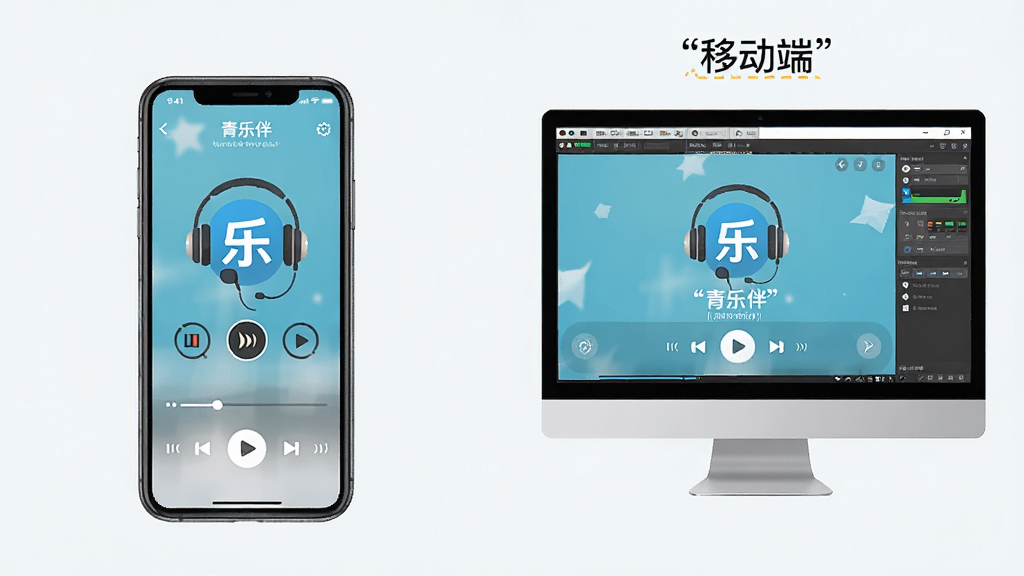 一张展示青乐伴在手机与电脑模拟器上同时运行的对比场景插画,主体为左侧手机显示青乐伴练习界面,右侧电脑屏幕显示模拟器中的青乐伴界面,布局为左右对比,排版清晰,风格为简洁科技感,细节包含耳机、节拍器图标、播放控制条,画质高清干净无多余元素,图片中文字加引号如