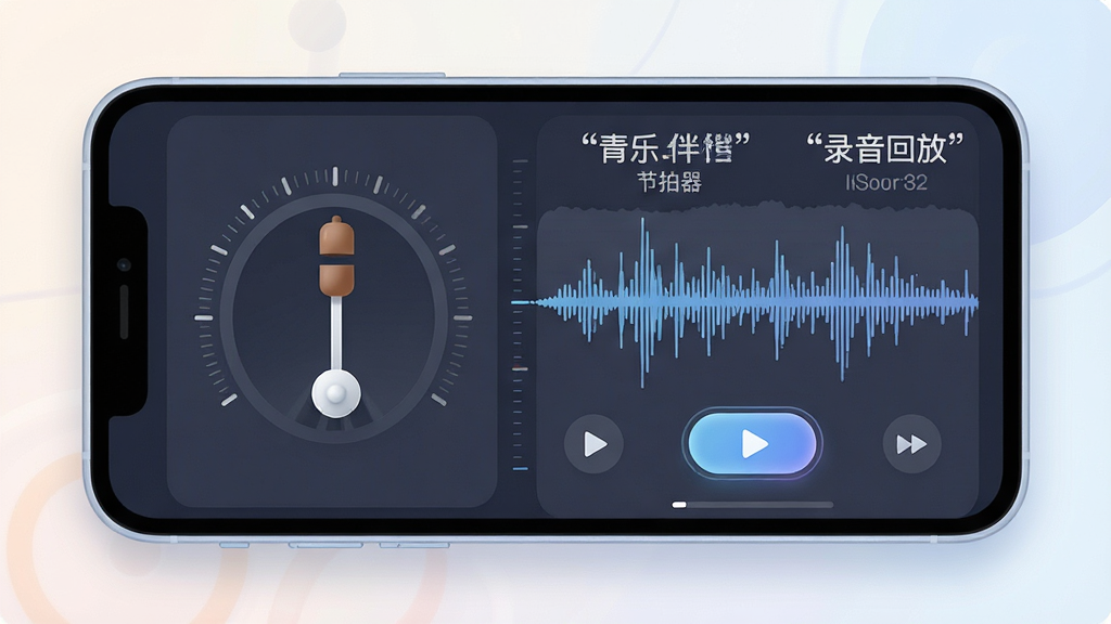 一张表现青乐伴节拍器与录音功能的场景插画,主体为手机屏幕显示节拍器摆锤动画与波形录音界面,布局为上下结构,排版左侧节拍器右侧录音按钮,风格为柔和科技风,细节包含节拍刻度、录音波形、播放三角图标,画质高清干净无多余元素,图片中文字加引号如