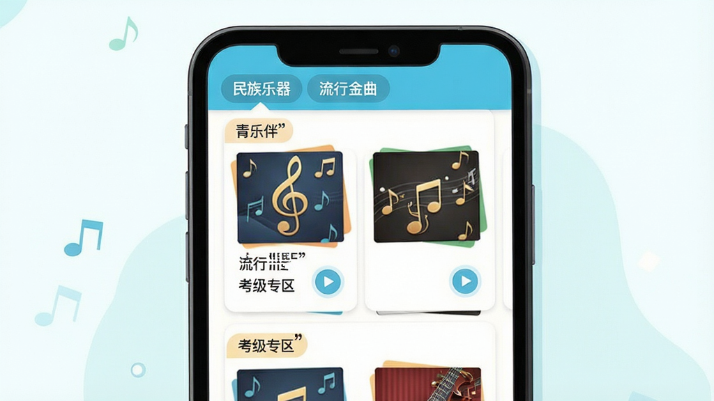 一幅展示青乐伴伴奏曲库页面的扁平化插画,主体为手机屏幕内呈现分类清晰的曲库列表,布局采用卡片式排列,排版分为民族乐器、流行金曲、考级专区等标签,风格清新明快,细节包含音符封面图与播放按钮,画质高清干净无多余元素,图片中文字加引号如