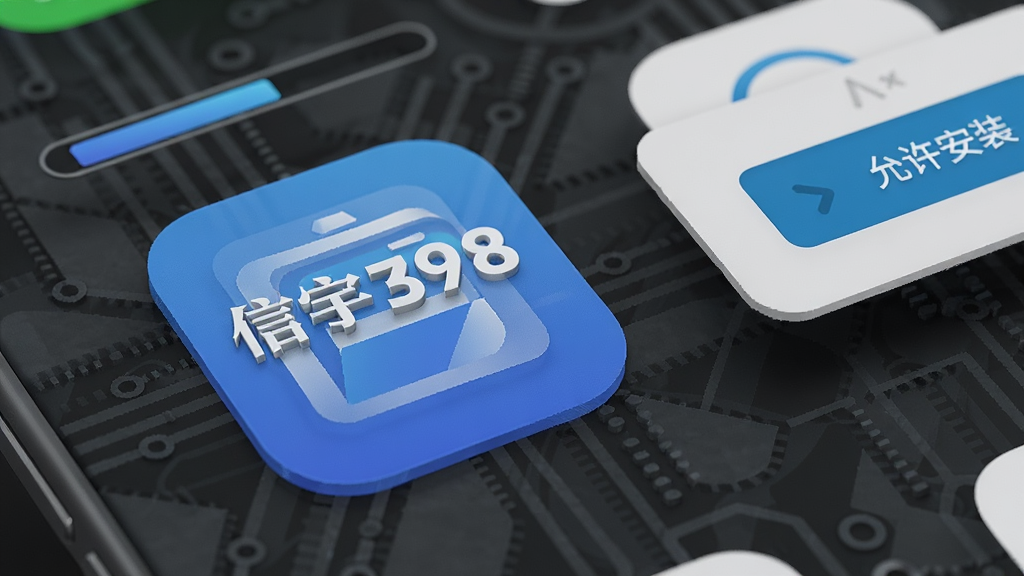信宇398手机应用在桌面的图标特写,周围有安装进度条和权限弹窗示意图,背景为深灰色科技纹理,风格为3D渲染,细节包括“信宇398”图标和“允许安装”按钮,画质锐利干净无多余元素