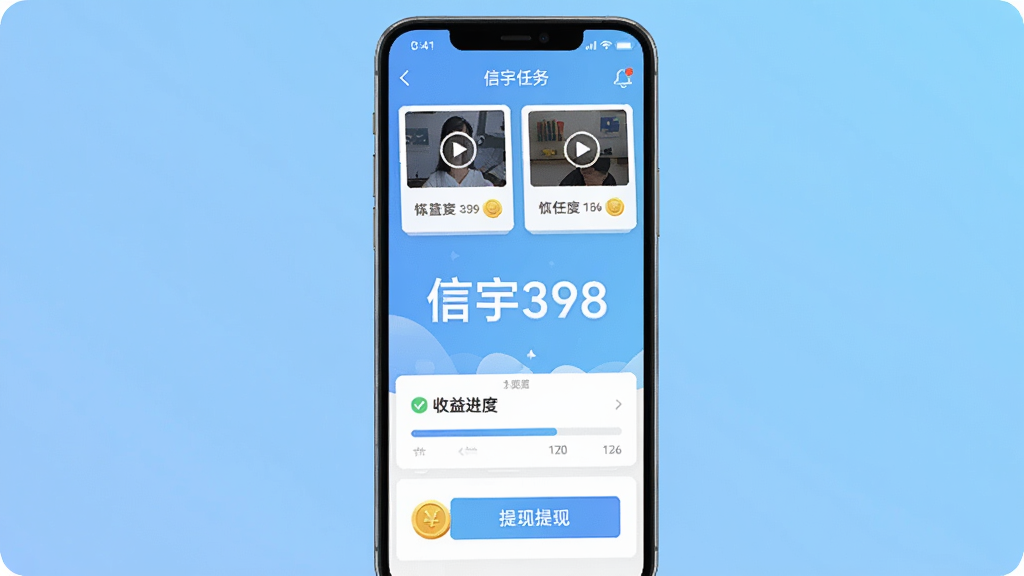 手机屏幕显示信宇398应用主界面,界面中有多个视频任务卡片和收益进度条,背景为浅蓝色渐变,画面中央有“信宇398”文字标识,布局简洁清晰,风格为扁平化科技感,细节包括金币图标和提现按钮,画质高清干净无多余元素