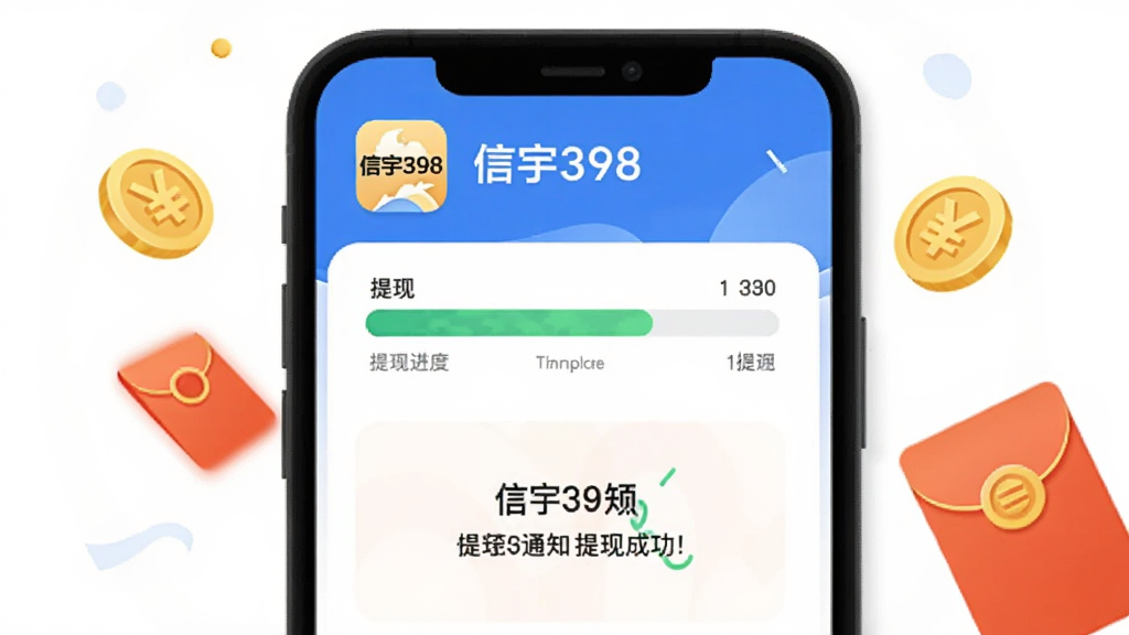 信宇398提现页面截图风格插画,画面展示手机屏幕内提现进度条和到账通知,周围有金币和红包元素,背景为白色简约风格,细节包括“信宇398”应用图标和提现成功字样,画质清晰干净无多余元素