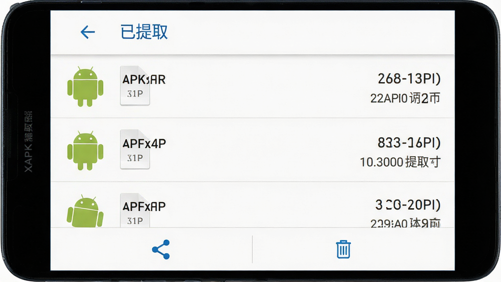 一部安卓手机展示XAPK提取器的已提取文件列表界面,屏幕上列出多个APK文件条目,每个条目左侧有安卓机器人图标,右侧显示文件大小和提取时间,顶部有“已提取”标题和返回箭头,底部有分享和删除按钮,界面风格简洁,配色为白底蓝字,布局清晰,细节包括文件图标、文字排版、按钮样式,画质高清,干净,无多余元素,画面中带有“XAPK提取器”字样