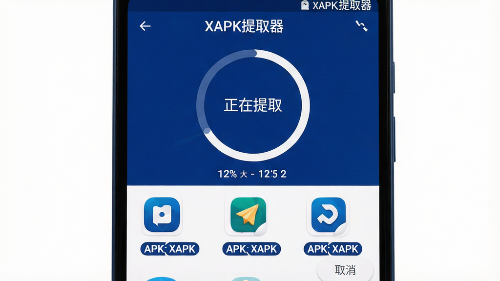 一部安卓手机屏幕特写,屏幕上显示XAPK提取器的提取进度界面,中央有圆形进度条和“正在提取”文字,下方列出多个应用图标和对应的APK、XAPK格式标签,界面风格扁平化,配色为深蓝与白色,布局整齐,细节包括进度百分比、文件大小显示、取消按钮,画质清晰,干净,无多余元素,画面中带有“XAPK提取器”字样