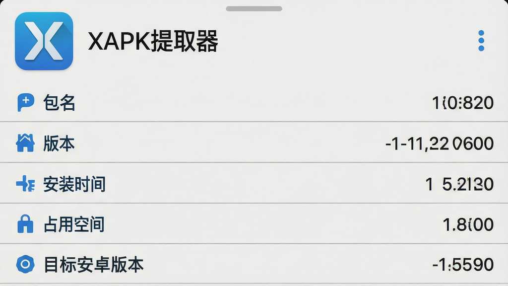 一张信息展示型界面截图,画面为安卓手机上的XAPK提取器应用详情页,顶部显示应用图标和应用名称,下方以列表形式展示包名、版本号、安装时间、占用空间、目标安卓版本等信息,每行左侧为标签文字,右侧为具体数值,界面风格清爽,配色以浅灰和蓝色为主,布局对齐工整,细节包括分割线、图标、文字层级,画质高清,干净,无多余元素,画面中带有“XAPK提取器”字样