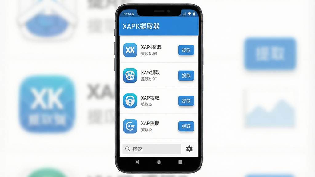 一张展示XAPK提取器软件界面的手机截图,画面中央是一部竖屏安卓手机,手机屏幕上显示XAPK提取器的主界面,顶部有软件名称“XAPK提取器”字样,中间是已安装应用列表,每个应用图标右侧带有提取按钮,底部有搜索栏和设置图标,整体布局清晰,风格简洁现代,配色以蓝白为主,细节包括应用图标、按钮阴影、文字排版,画质高清,干净,无多余元素