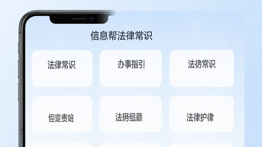 信息帮法律常识板块界面,手机屏幕中展示法律知识分类卡片,包含