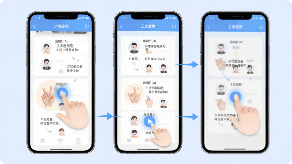 信息帮移动端操作指南示意图,手机屏幕展示软件各个功能模块的操作手势和点击区域,配合箭头标注和文字说明,背景为淡蓝色,风格清晰直观,高清画质,干净无多余元素