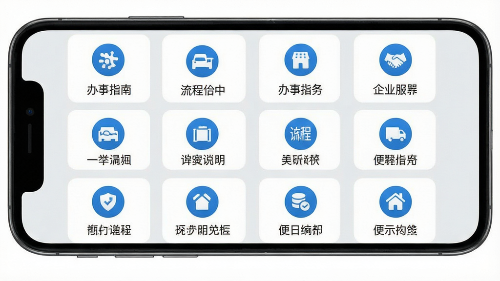 信息帮便民服务页面截图,手机屏幕展示多个便民服务图标排列成网格状,包含办事指南、流程说明等入口,界面采用浅灰色背景配蓝色图标,风格清新素雅,高清画质,干净无多余元素