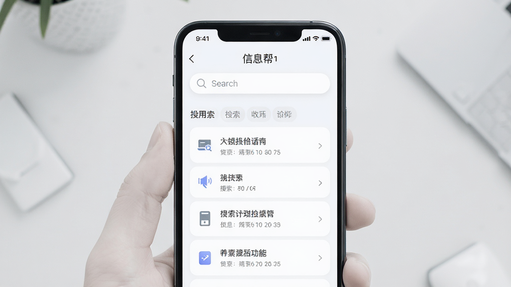 信息帮信息检索功能界面,手机屏幕中央显示搜索框,下方展示分类清晰的搜索结果列表,界面采用浅色主题,图标精致,文字清晰可读,整体风格简洁商务,高清画质,干净无多余元素