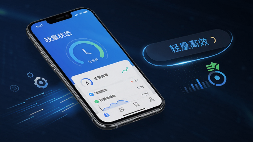 信息帮软件运行状态示意图,手机屏幕展示软件流畅运行的界面,配合速度线条和轻量化的视觉元素,突出