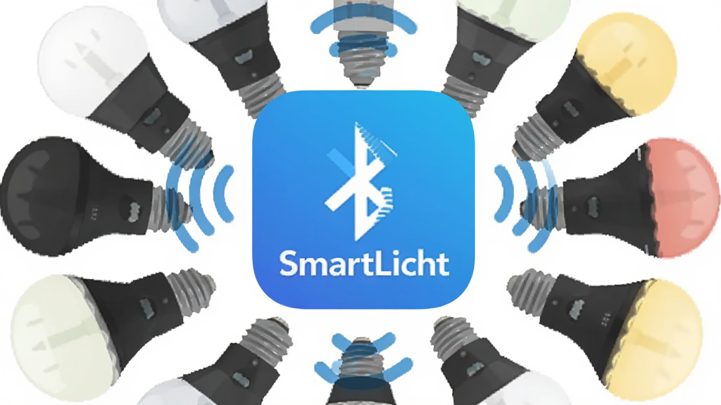 主体为SmartLicht应用图标悬浮在多种智能灯泡上方,布局为图标居中,灯泡环绕四周,排版呈放射状,风格为扁平化插画,细节包括蓝牙与WiFi信号波纹连接图标,画质清晰,干净,无多余元素
