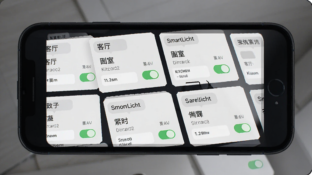 主体为SmartLicht应用分组管理界面,布局为手机屏幕展示多个房间分组卡片,排版为网格排列,风格为商务简约,细节包括客厅、卧室、厨房等标签与开关状态指示,画质高清,干净,无多余元素
