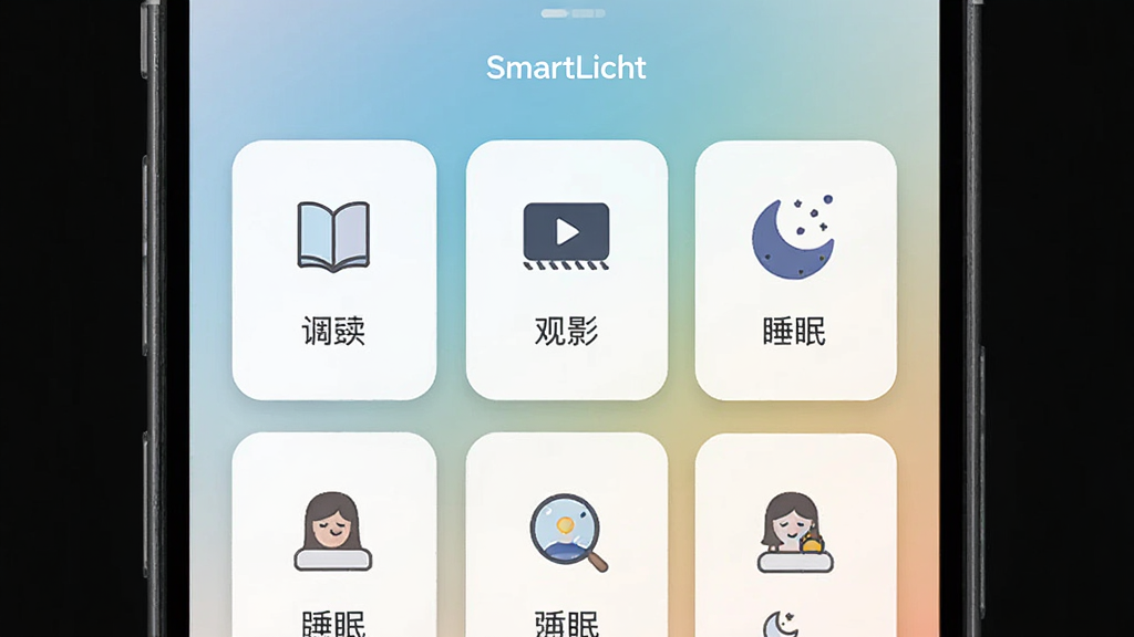 主体为SmartLicht应用界面展示场景模式选择页,布局为手机屏幕竖向展示,排版为卡片式场景图标排列,风格为清新简约,细节包括阅读、观影、睡眠等图标与柔和渐变背景,画质高清,干净,无多余元素