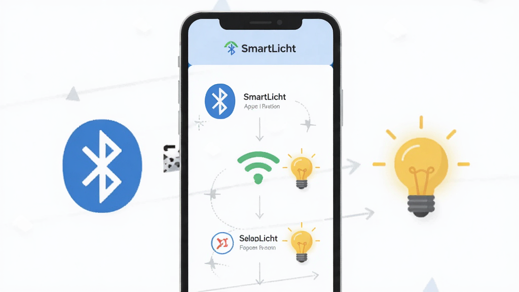 主体为SmartLicht应用配网引导页面截图风格插画,布局为手机屏幕居中,排版为步骤指示图,风格为扁平化教程风,细节包括蓝牙图标、WiFi信号与灯泡闪烁示意,画质清晰,干净,无多余元素