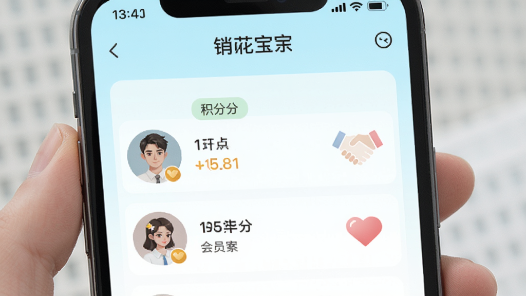 手机屏幕显示“销花宝”会员管理页面,页面中有会员头像列表与积分标签,旁边有握手与爱心图标,布局为上下结构,风格清新浅色,细节丰富,画质干净,无多余元素
