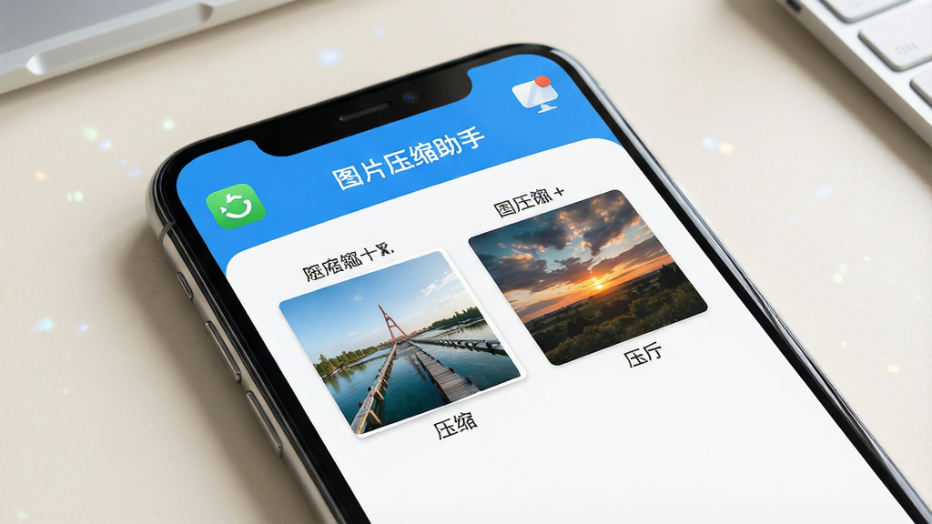一张展示智能手机屏幕的图片,屏幕中央显示“图片压缩助手”应用界面,界面中包含压缩前后照片对比的缩略图,背景为干净整洁的浅色桌面,风格为写实科技感,细节包括手机边框的光泽与应用图标,画质高清,画面干净,无多余元素。