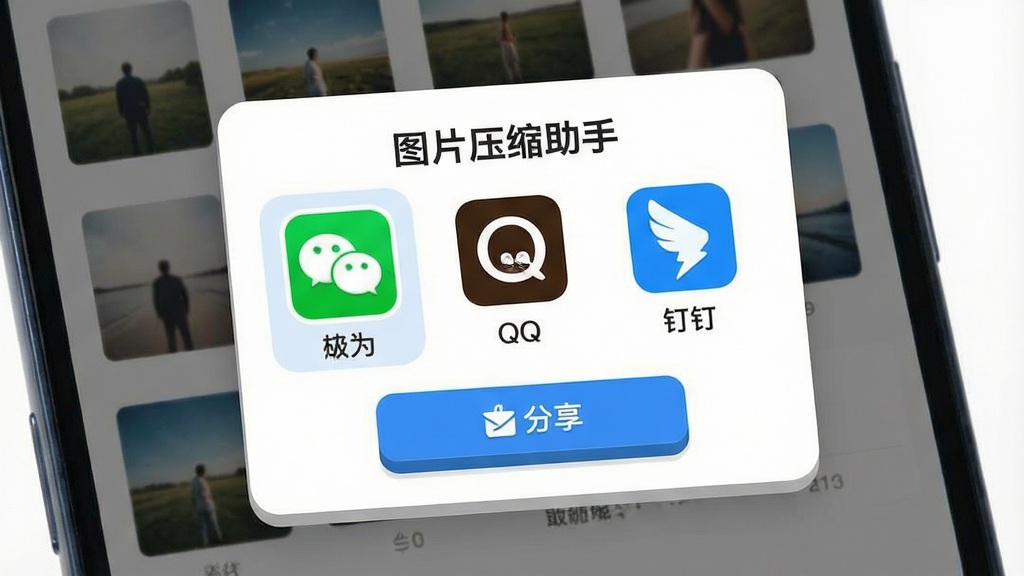 一张展示手机屏幕上“图片压缩助手”的分享菜单弹出界面,菜单中包含微信、QQ、钉钉等应用图标,背景为压缩完成的照片缩略图列表,风格为扁平化设计,细节包括图标的高亮选中状态与分享按钮的立体感,画质清晰,画面干净,无多余元素。