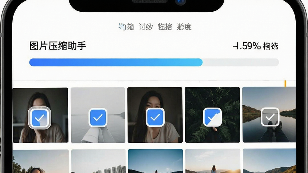 一张展示手机相册界面中多张照片被勾选,屏幕上方显示“图片压缩助手”的批量压缩进度条,进度条为蓝色渐变,背景为手机相册的网格视图,风格为现代UI设计感,细节包括勾选框的高亮状态与进度百分比数字,画质清晰,画面干净,无多余元素。